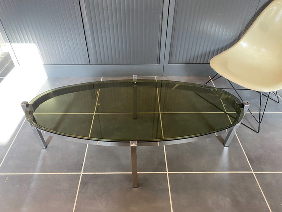 Oval Coffee table glass top chrome Bauhaus style vintage 1970, Metal, Grey (photo 2 of 15)
