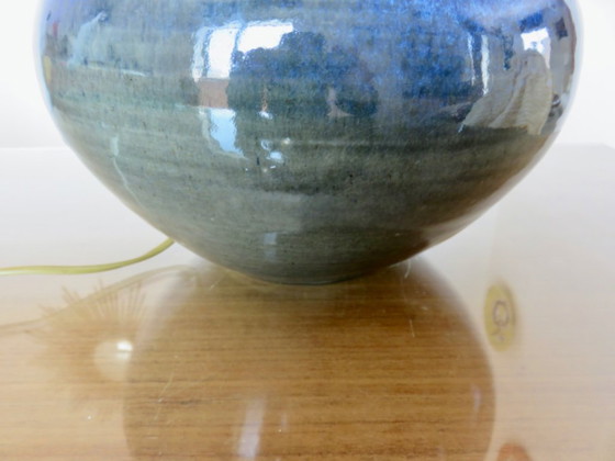 Image 1 of Impressive lamp in iridescent blue ceramic with green gradients, France, circa 1960