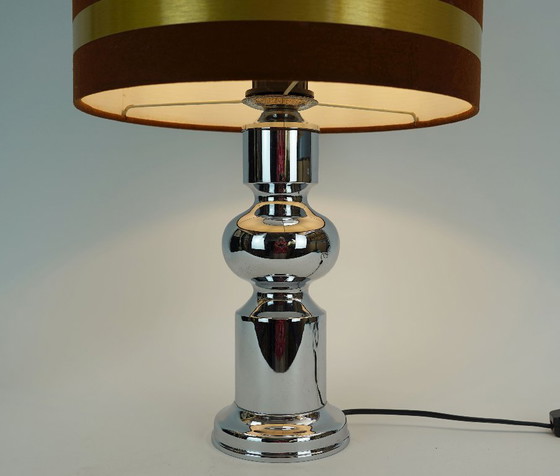Large 1970s Table Lamp Aro-Leuchten Chrome Base Brown Velvet Lampshade (photo 2 of 11)