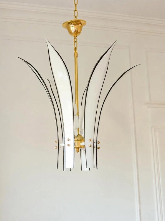 Echte Vistosi Palms Murano Glazen Kroonluchter, Jaren 70 Italiaans Messing, 6 Bladeren, 4 Lichten – Metal (photo 2 of 10)