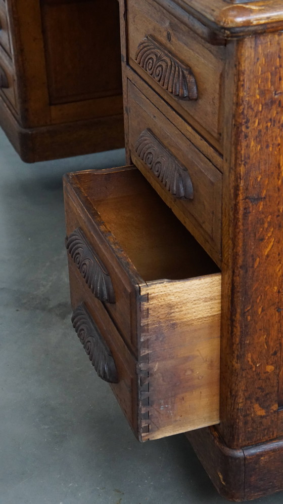 Image 1 of Grand bureau ancien de style anglais / bureau d'associé avec plateau en cuir noir