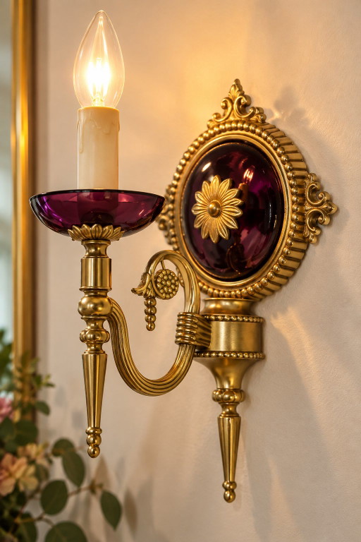 Set of 4 Vintage Aubergine Glass & Gold Wall Sconces | Hollywood Regency – wandlampen, Metal, Brass