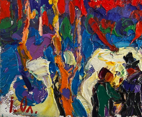 Image 1 of Original Oil Painting Colorful Forest Landscape Trees burn with the evening light