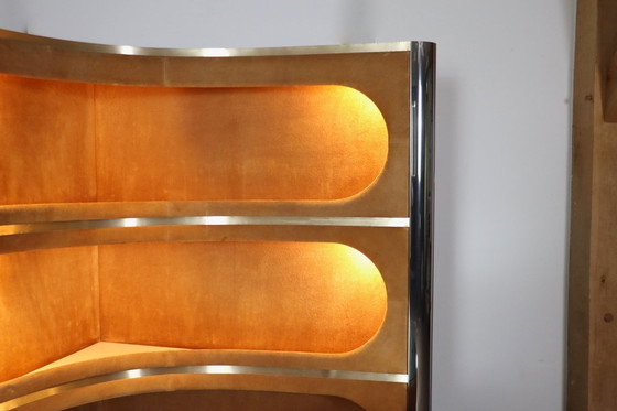 Image 1 of Suede And Chrome Dry Bar With Barstools In Cognac By Willy Rizzo, Italy 1970s