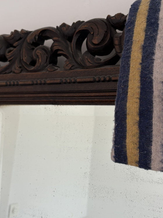 Image 1 of Antique Mirror With Facet And Floral Pattern Woodcarving