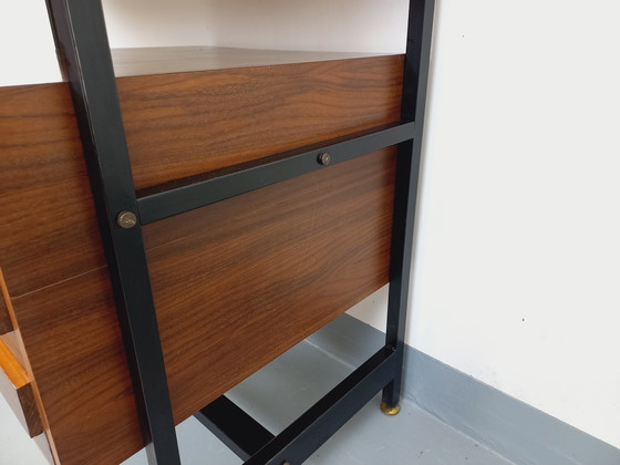 Image 1 of Italian modernist desk with built-in modular string bookcase in teak, metal and melamine from the 60s