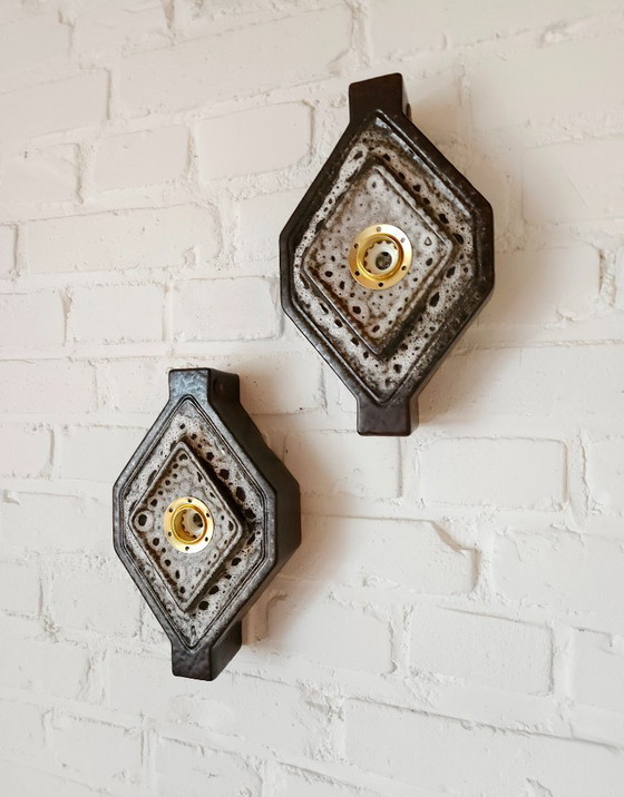Image 1 of 1 van 2 PAN Leuchten mcm vintage keramieken wandlamp in bruin/grijstinten, west germany fat lava stijl, keramische wandlamp, spa