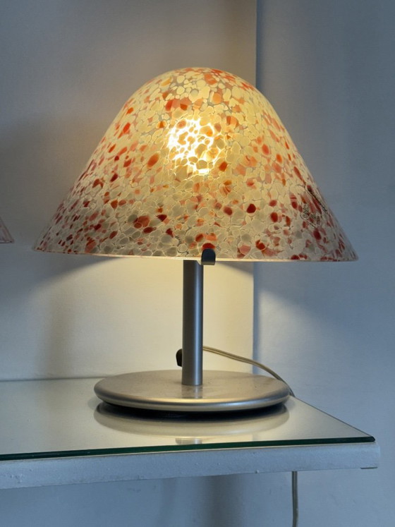 Pair of Mushroom Lamps AV Mazzega Murano 1970s Vintage Spotted Red Lampshade – Table lamps, Murano Glass (photo 7 of 11)