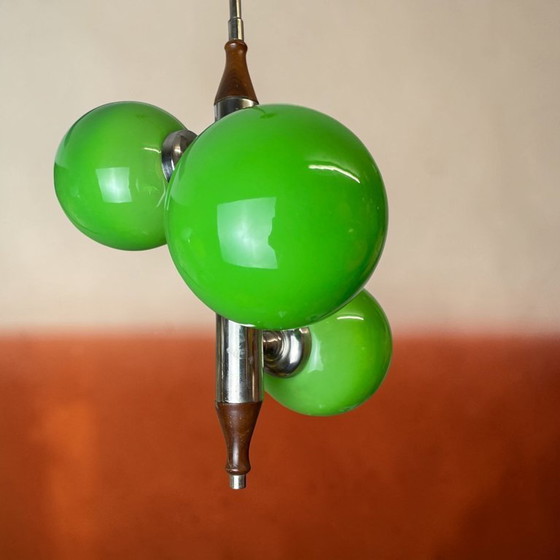 Image 1 of Portuguese Mid Century Modern Space Age chandelier clustered hanging lamp with 3 green globes, 1960s