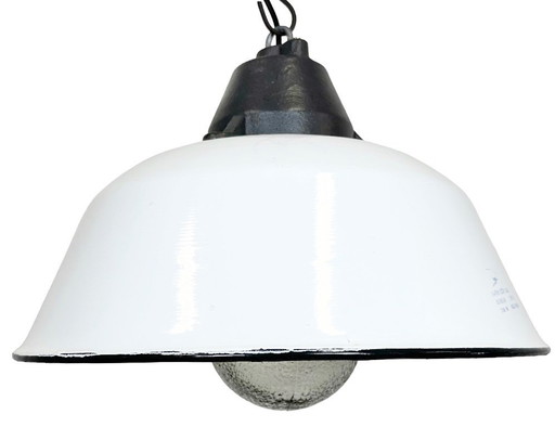 White Enamel and Cast Iron Industrial Pendant Light with Glass Cover, 1960s