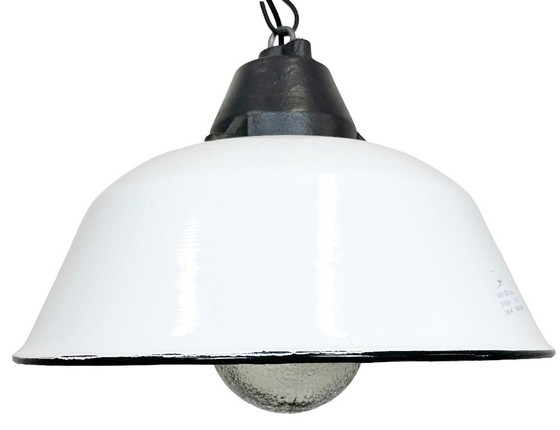 Image 1 of White Enamel and Cast Iron Industrial Pendant Light with Glass Cover, 1960s