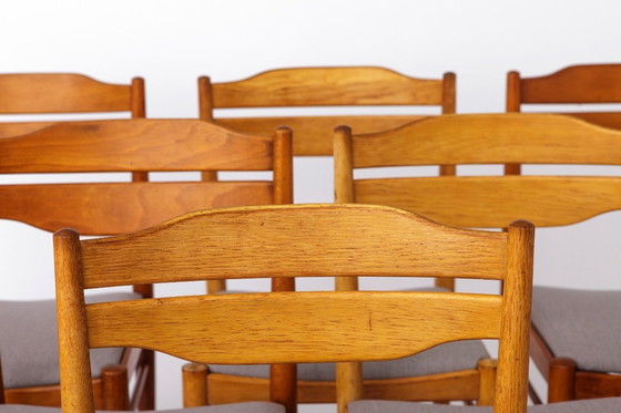 Image 1 of Set of 6 Vintage Dining Chairs 1970s, Beechwood & Teak Chairs, Mid Century Wooden Dining Chairs, Newly Upholstered