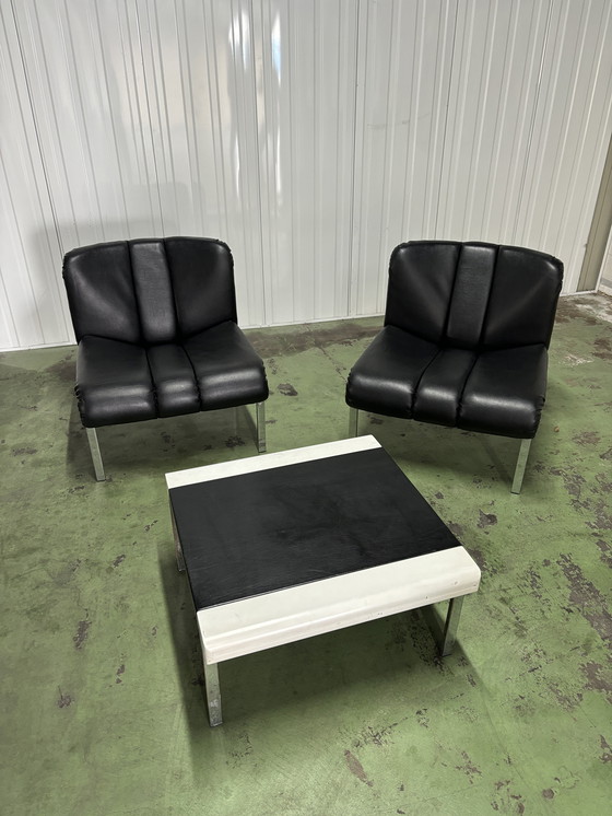Image 1 of Fauteuil de salon en cuir par Hans Eichenberger pour Girsberger, 1960, Ensemble de 3 chaises + 3 tables d'appoint