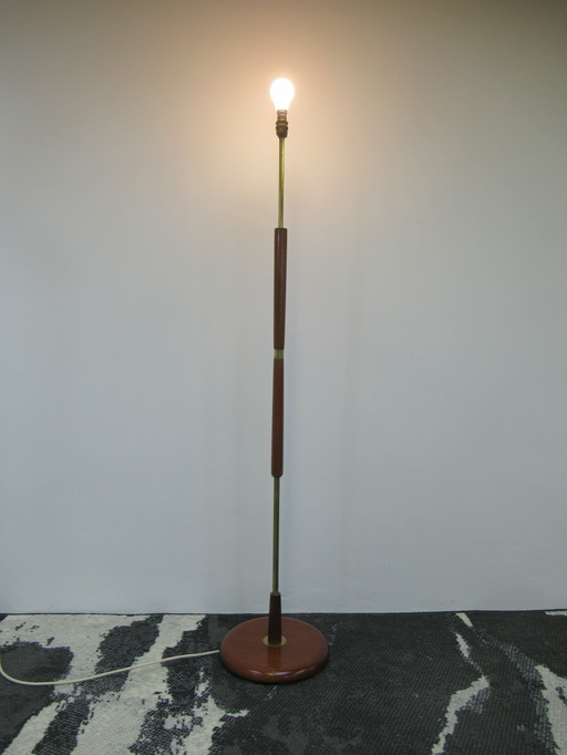 High floor lamp or standard lamp made of teak and brass