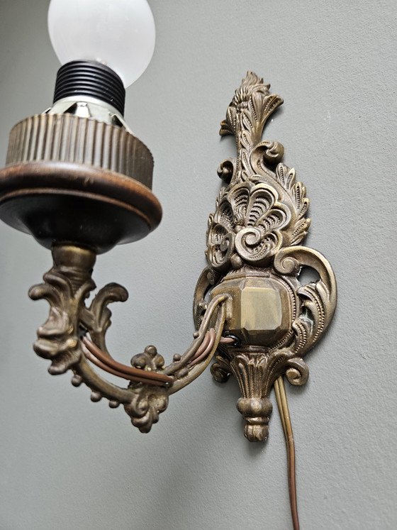 Image 1 of Lampade da parete in stile rococò francese, bronzo con paralumi in pelle