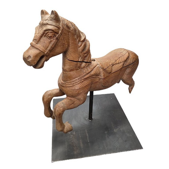 Image 1 of Antikes hölzernes Karussellpferd auf Ständer, Ende des 19. Jahrhunderts