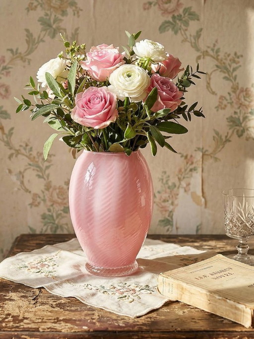 Small vintage Venetian Murano/Empoli twisted pink opaline glass blown vase