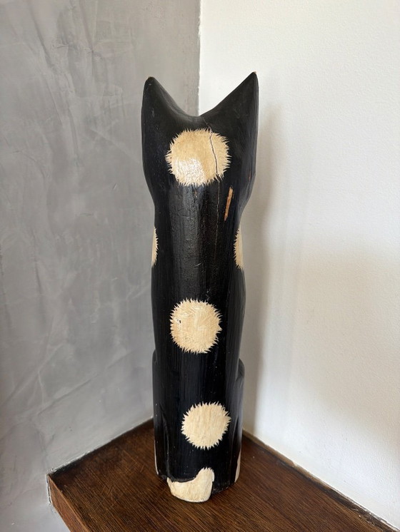 Image 1 of Vintage houten kat zwart wit 41cm
