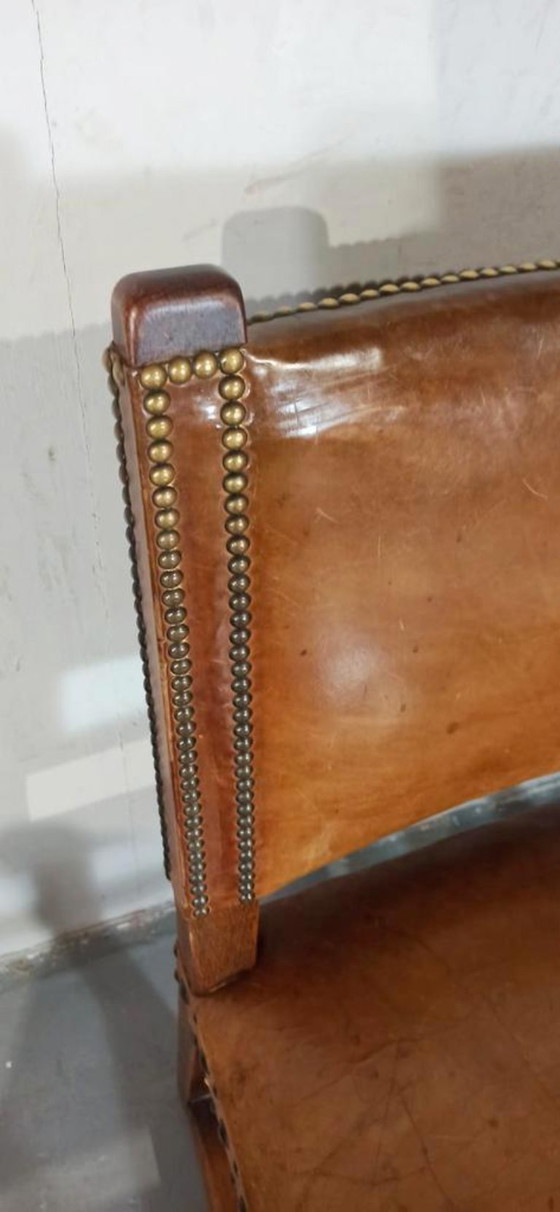 Image 1 of 6 x vintage  Spanish solid wood and leather dining chairs