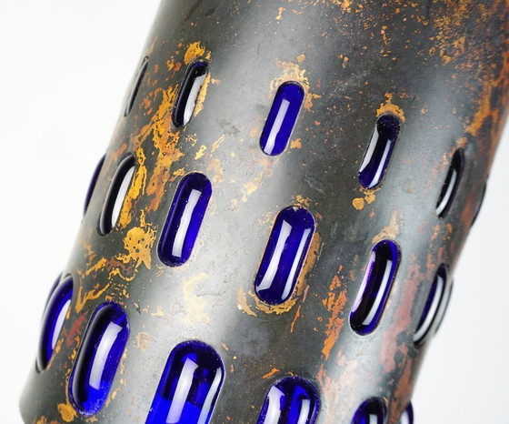 Image 1 of Lámpara colgante moderna de mediados de siglo en cobre flameado y vidrio azul, década de 1960