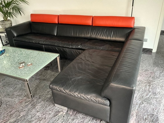 Image 1 of Leolux Howlazy design hoekbank-zwart leer/papaver-aluminium