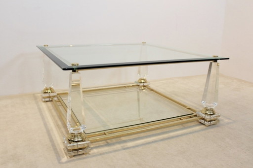 Lucite, Messing en Glas Obelisk Salontafel