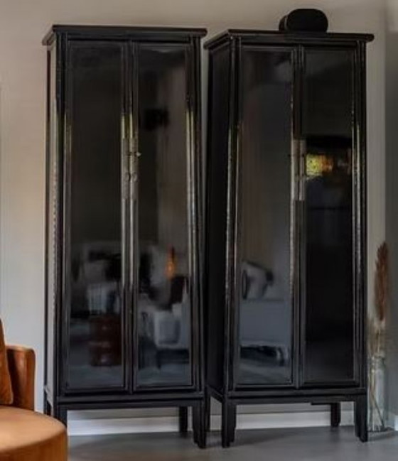 Image 1 of 2 x Oriental tall storage cabinets (black, high gloss)