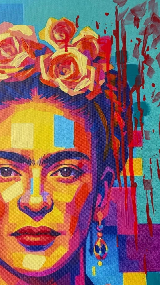 Image 1 of Azzurra Lo Bello - Frida Kahlo - Iconisch pop-geometrisch portret - Hedendaagse pop-art - Gemengde technieken op canvas