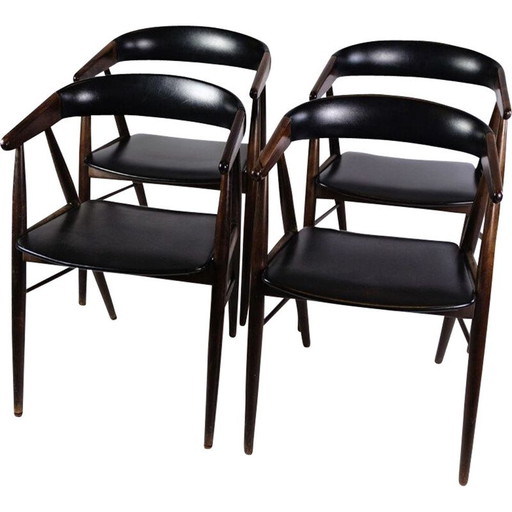 Conjunto de cuatro sillas vintage en cuero negro y palisandro de Aksel Bender y Ejnar Larsen, década de 1960