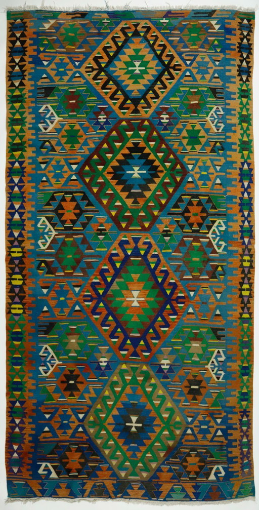 Vintage Anatolian Kilim Rug 325x165 cm – Large Colorful Geometric Handwoven Wool Flatweave – vloerkleden en tapijten