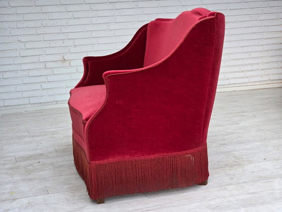 1970s, Danish 2-Seater Sofa, Red Furniture Velour, Ash Wood Legs. – 2 seaters, Velvet (photo 7 of 20)