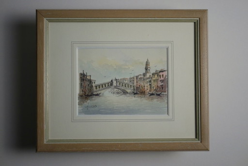 The Rialto Bridge, Venice - Signed and dated watercolor drawing, 1990, framed