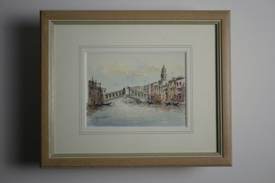 Image 1 of The Rialto Bridge, Venice - Signed and dated watercolor drawing, 1990, framed