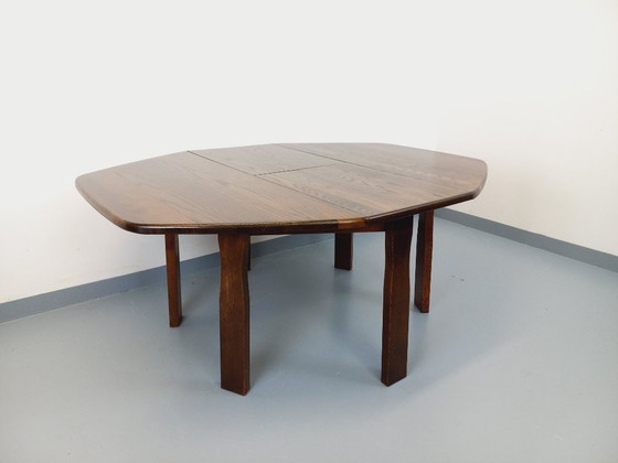 Image 1 of Vintage brutalist hexagonal oak dining table from the 1950s with extension