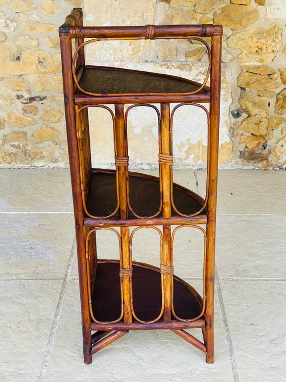 Image 1 of Mid-Century Bamboo & Rattan 3-Tier Corner Shelf, 1960s