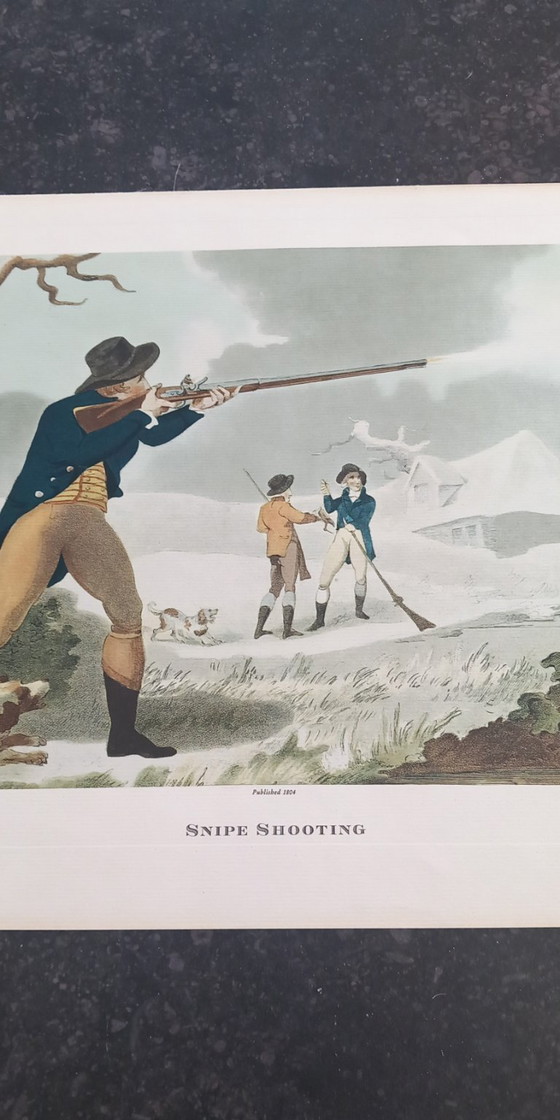 Image 1 of Antiker handkolorierter Kupferstich „Schnepfenjagd“ – Jagdszene – ca. frühes 19. Jahrhundert