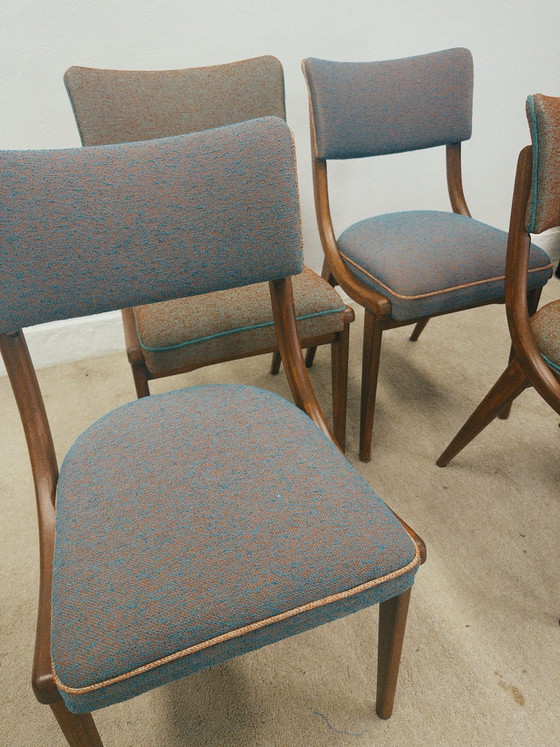 Mid century eetkamerstoelen, Hout, Textiel, Turquoise (foto 2 van 9)