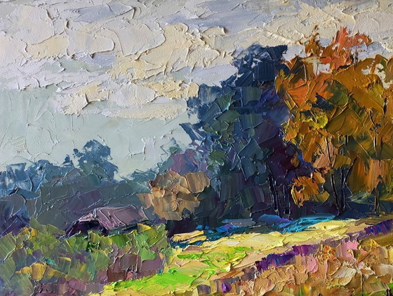 Image 1 of Origineel olieverfschilderij: Landelijk landschap met herfstbloemen in de tuin.