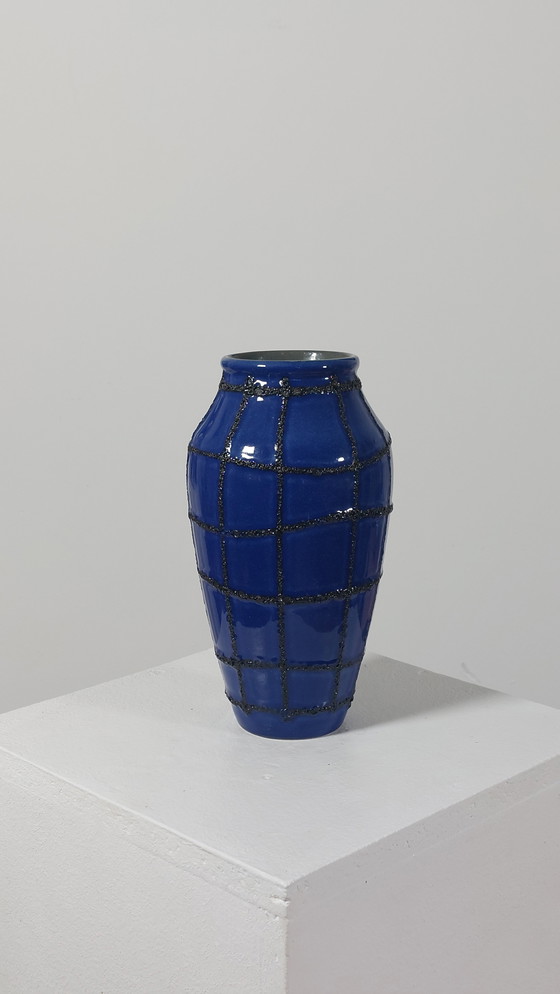 Image 1 of Vintage Ceramic Vase Fat Lava Spiderweb Blue