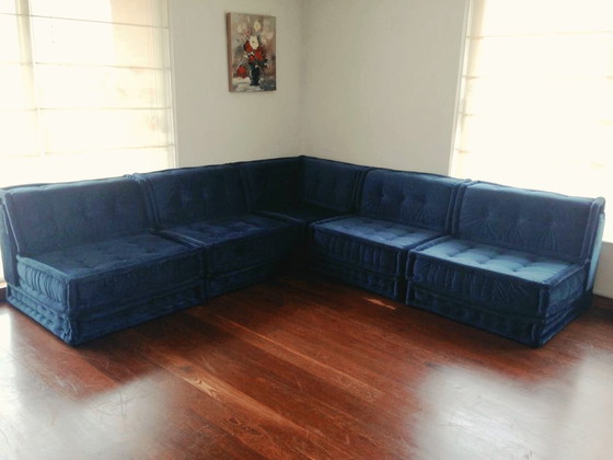 Donkerblauwe modulaire bank, Modulaire banken, Fluweel, Textiel, Modern (foto 6 van 10)