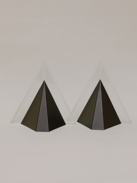 Image 1 of Pair of vintage Postmodern Memphis metal and lucite diamond wall sconces, circa 1980