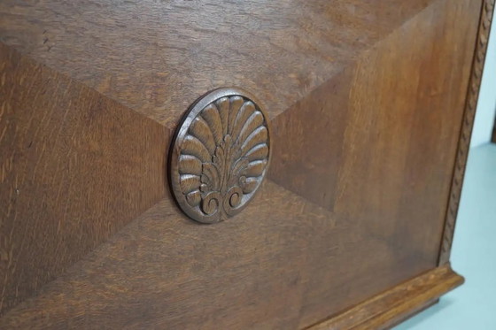 Image 1 of Antiker niederländischer Jugendstil-Schreibtisch/-Theke aus geschnitzter Eiche, frühes 20. Jahrhundert