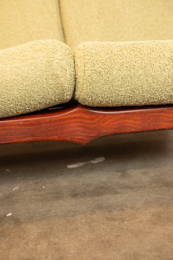 Image 1 of Vintage Deense teakhouten 3-zitsbank met nieuwe mosgroene bouclé bekleding