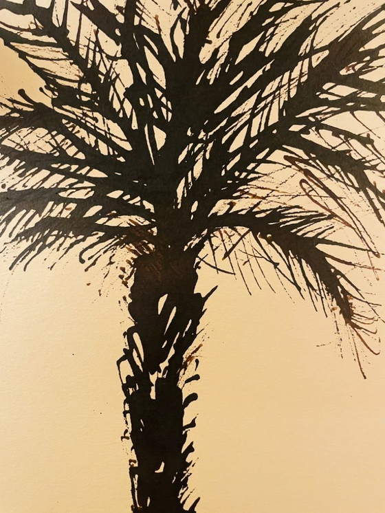 Image 1 of Acuarela monocromática firmada "Palmera al atardecer"