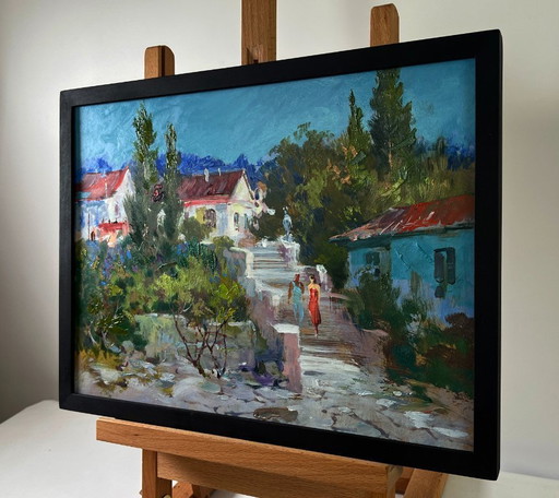 Original Oil Painting Summer Houses Landscape A walk through the city streets