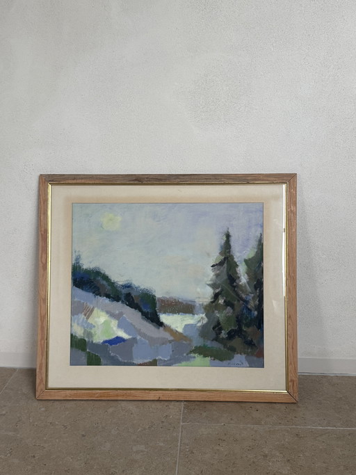 Atmospheric vintage painting with a soft, impressionistic landscape. Dimensions 61x70cm