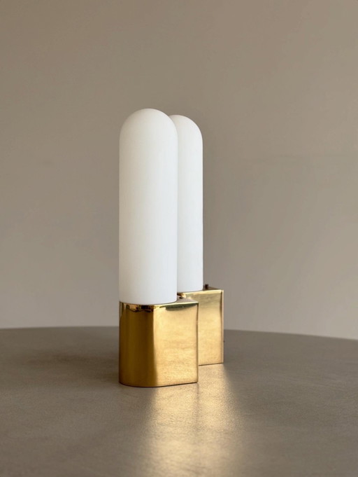 Set of 2 wall lamps - Opal glass & brass - Limburg, Germany, 1970s