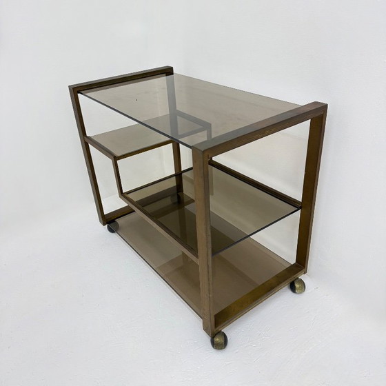 Image 1 of Barwagen aus Messing mit Rauchglas aus der Mitte des 20. Jahrhunderts, 1970er Jahre