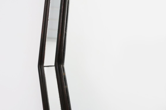 Image 1 of Miroir octogonal graphique du milieu du siècle avec cadre en bois et miroir noir, années 1960.