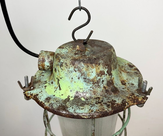 Image 1 of Green Industrial Soviet Bunker Pendant Light with Iron Grid, 1960s